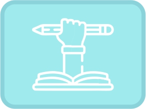 Desenho de um braço saindo de um livro e segurando um lápis