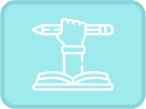 Desenho de um braço saindo de um livro e segurando um lápis